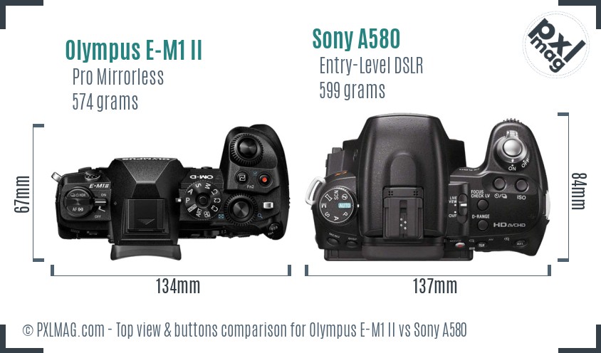 Olympus E-M1 II vs Sony A580 top view buttons comparison