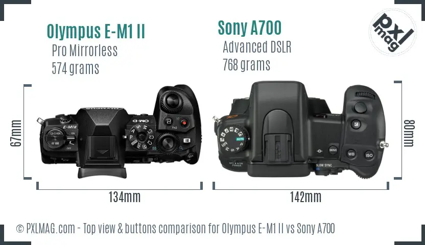 Olympus E-M1 II vs Sony A700 top view buttons comparison