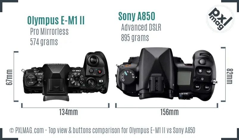 Olympus E-M1 II vs Sony A850 top view buttons comparison
