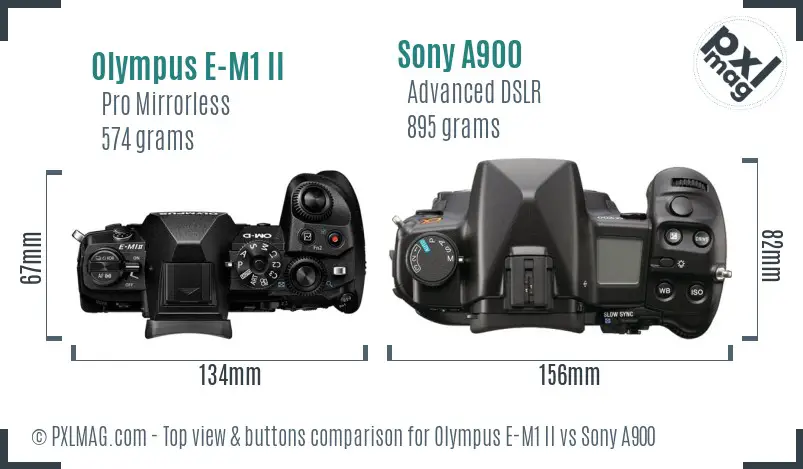 Olympus E-M1 II vs Sony A900 top view buttons comparison