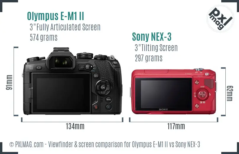Olympus E-M1 II vs Sony NEX-3 Screen and Viewfinder comparison