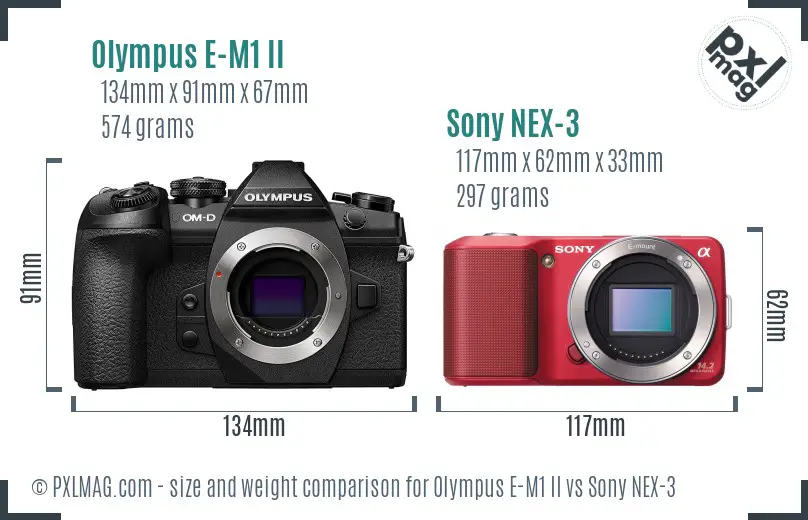 Olympus E-M1 II vs Sony NEX-3 size comparison