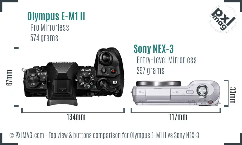 Olympus E-M1 II vs Sony NEX-3 top view buttons comparison