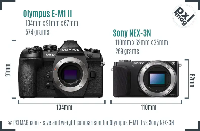 Olympus E-M1 II vs Sony NEX-3N size comparison