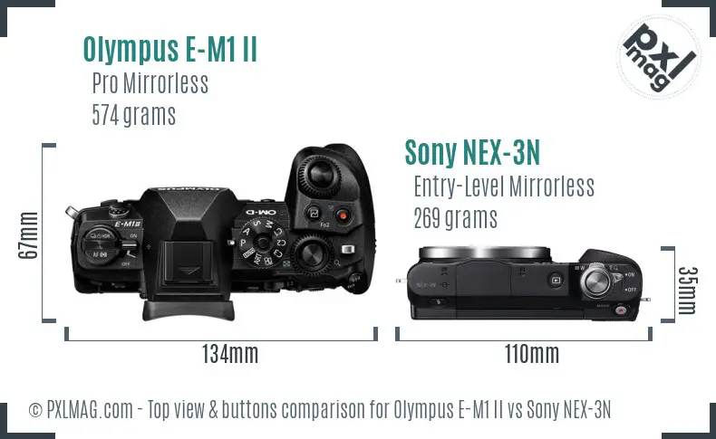 Olympus E-M1 II vs Sony NEX-3N top view buttons comparison