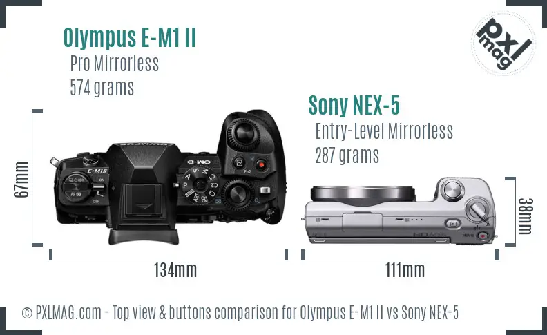 Olympus E-M1 II vs Sony NEX-5 top view buttons comparison