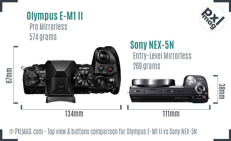 Olympus E-M1 II vs Sony NEX-5N top view buttons comparison