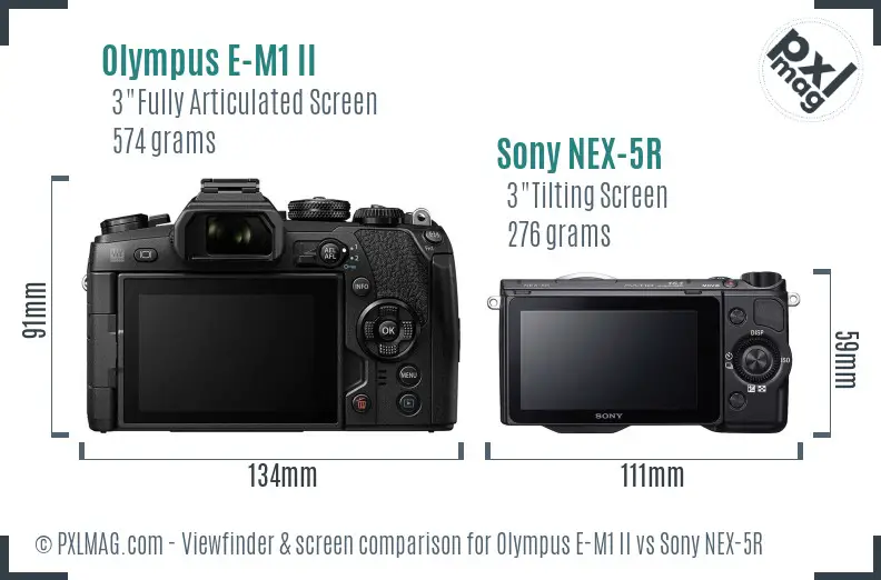 Olympus E-M1 II vs Sony NEX-5R Screen and Viewfinder comparison