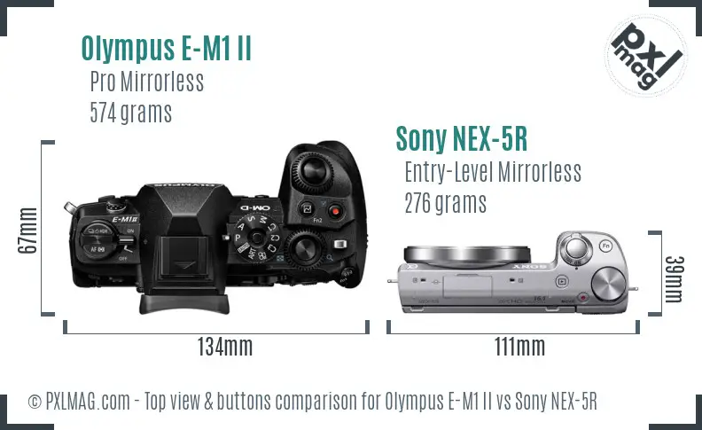 Olympus E-M1 II vs Sony NEX-5R top view buttons comparison