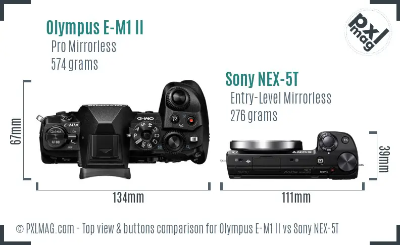 Olympus E-M1 II vs Sony NEX-5T top view buttons comparison