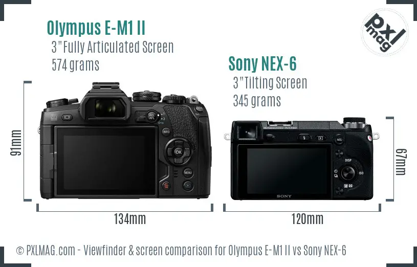 Olympus E-M1 II vs Sony NEX-6 Screen and Viewfinder comparison