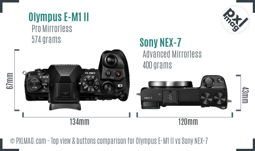 Olympus E-M1 II vs Sony NEX-7 top view buttons comparison