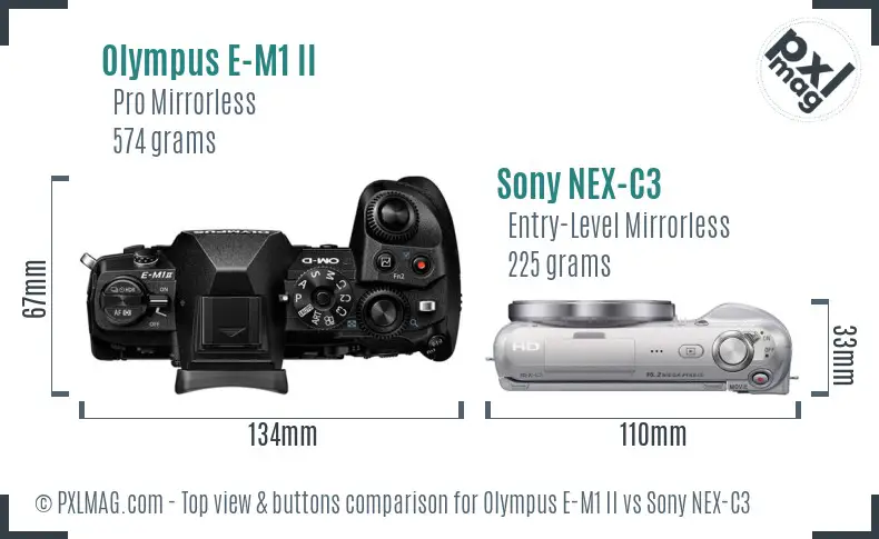 Olympus E-M1 II vs Sony NEX-C3 top view buttons comparison