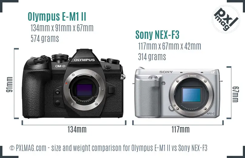 Olympus E-M1 II vs Sony NEX-F3 size comparison