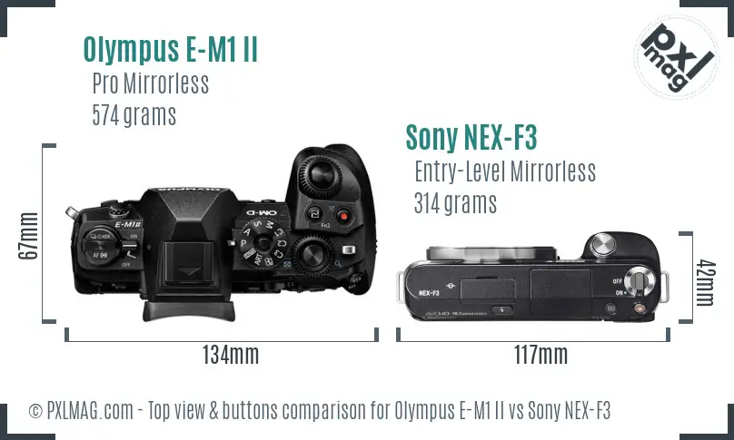 Olympus E-M1 II vs Sony NEX-F3 top view buttons comparison