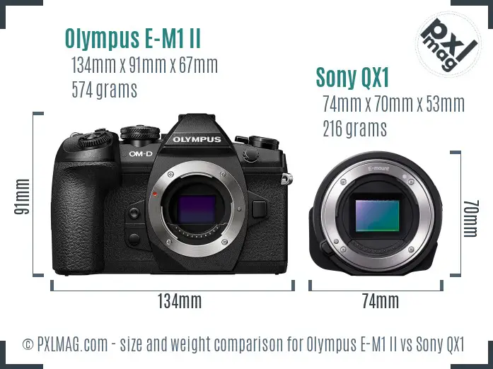 Olympus E-M1 II vs Sony QX1 size comparison