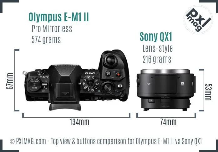 Olympus E-M1 II vs Sony QX1 top view buttons comparison