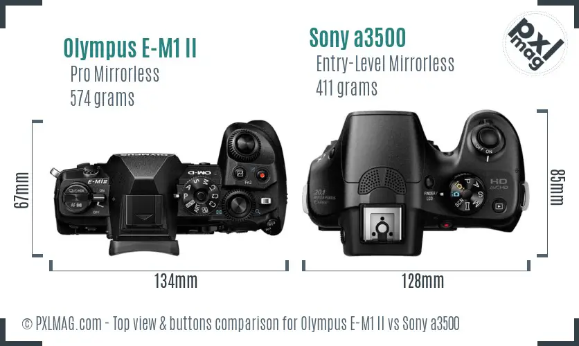 Olympus E-M1 II vs Sony a3500 top view buttons comparison