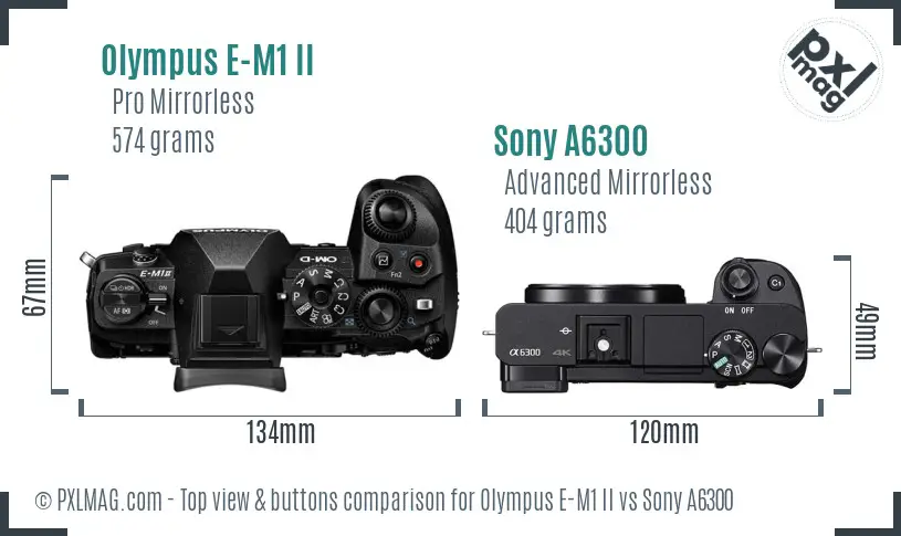 Olympus E-M1 II vs Sony A6300 top view buttons comparison
