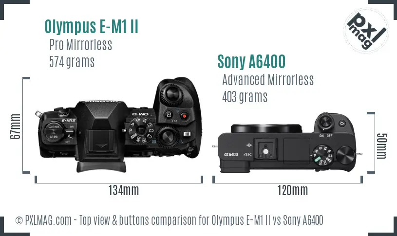 Olympus E-M1 II vs Sony A6400 top view buttons comparison