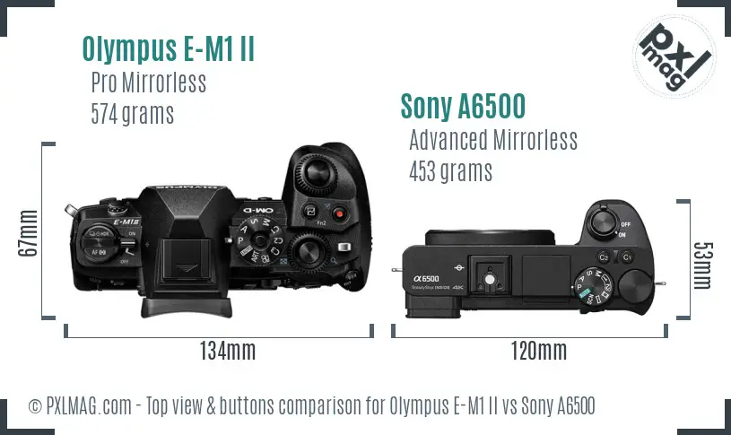Olympus E-M1 II vs Sony A6500 top view buttons comparison