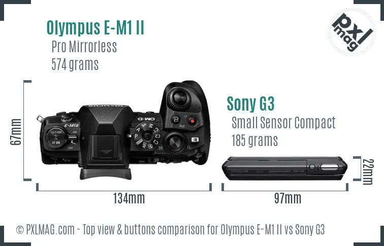 Olympus E-M1 II vs Sony G3 top view buttons comparison