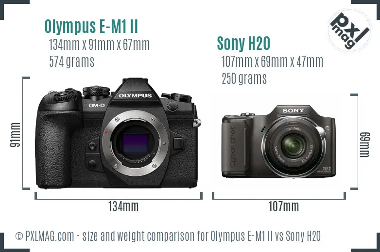 Olympus E-M1 II vs Sony H20 size comparison