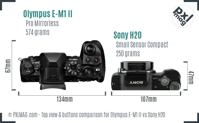 Olympus E-M1 II vs Sony H20 top view buttons comparison