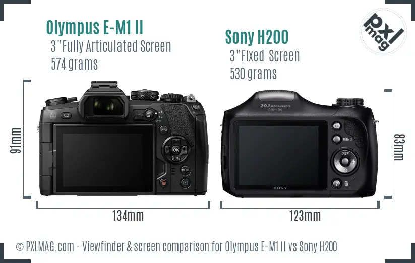 Olympus E-M1 II vs Sony H200 Screen and Viewfinder comparison