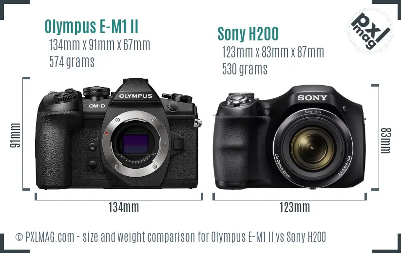 Olympus E-M1 II vs Sony H200 size comparison