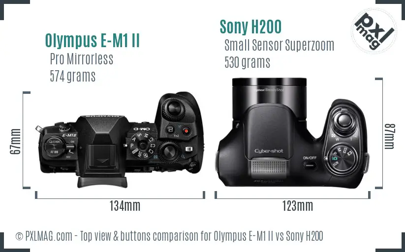 Olympus E-M1 II vs Sony H200 top view buttons comparison