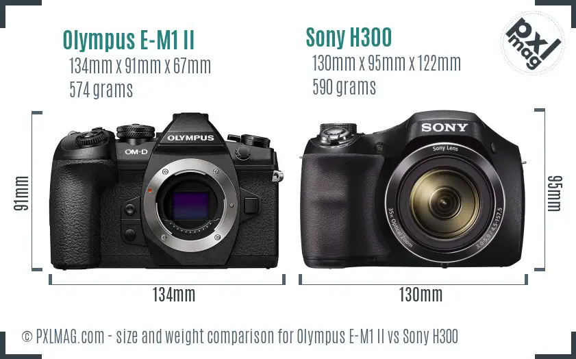 Olympus E-M1 II vs Sony H300 size comparison