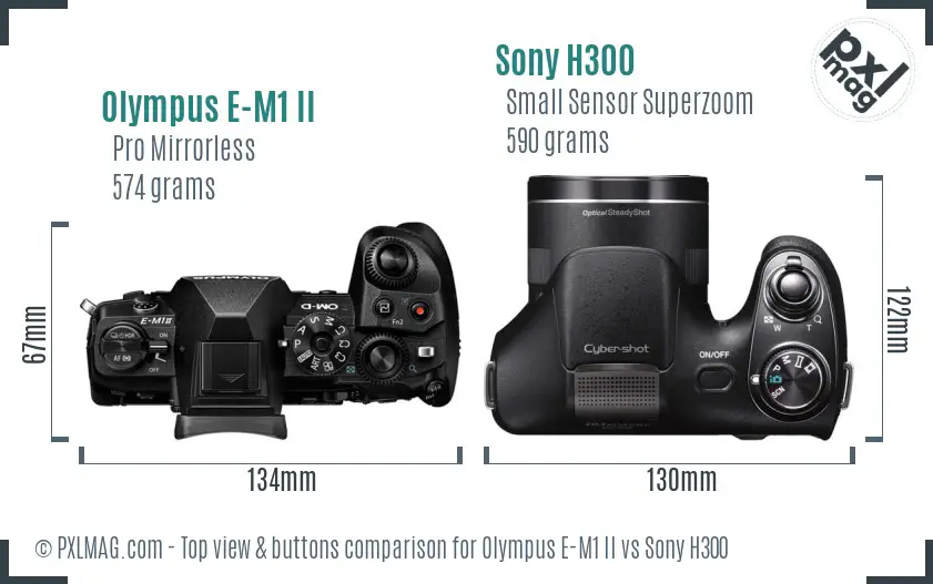 Olympus E-M1 II vs Sony H300 top view buttons comparison