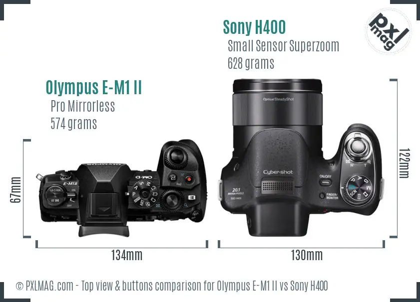 Olympus E-M1 II vs Sony H400 top view buttons comparison