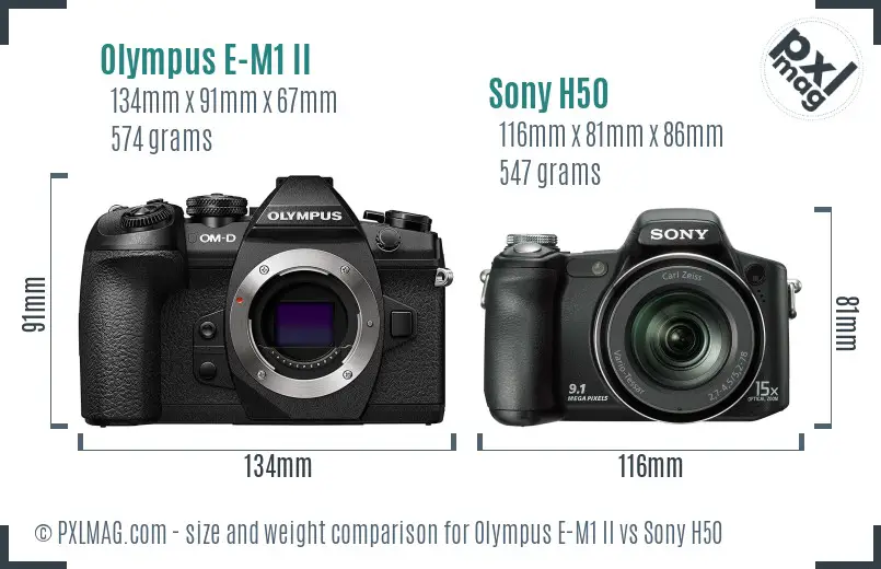 Olympus E-M1 II vs Sony H50 size comparison