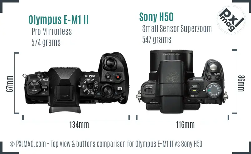 Olympus E-M1 II vs Sony H50 top view buttons comparison