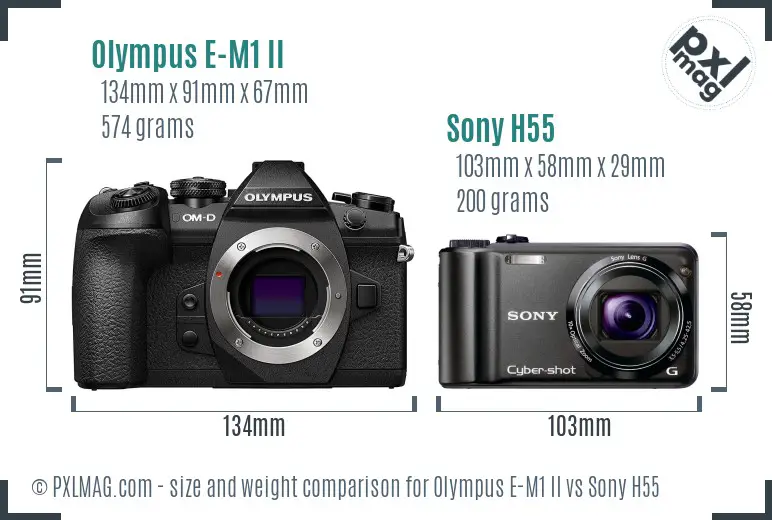 Olympus E-M1 II vs Sony H55 size comparison
