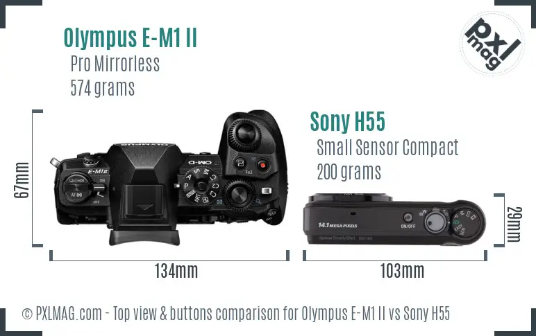 Olympus E-M1 II vs Sony H55 top view buttons comparison