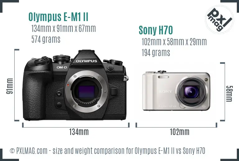 Olympus E-M1 II vs Sony H70 size comparison