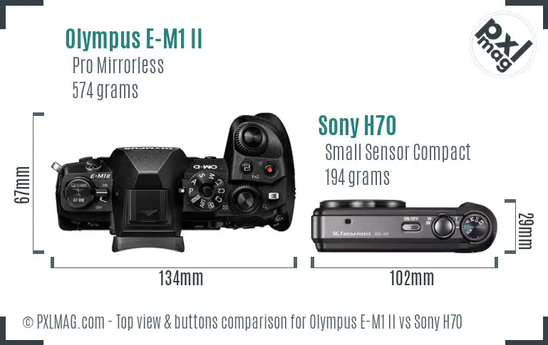 Olympus E-M1 II vs Sony H70 top view buttons comparison