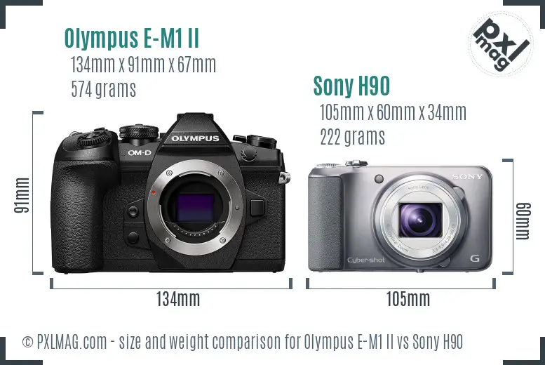 Olympus E-M1 II vs Sony H90 size comparison