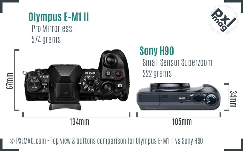 Olympus E-M1 II vs Sony H90 top view buttons comparison