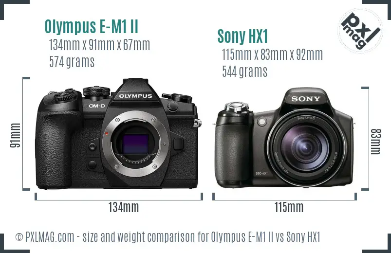 Olympus E-M1 II vs Sony HX1 size comparison