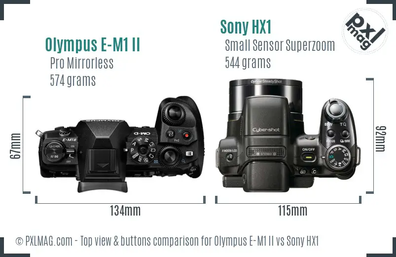 Olympus E-M1 II vs Sony HX1 top view buttons comparison