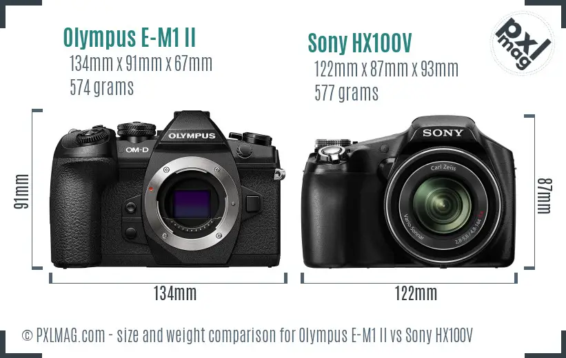 Olympus E-M1 II vs Sony HX100V size comparison