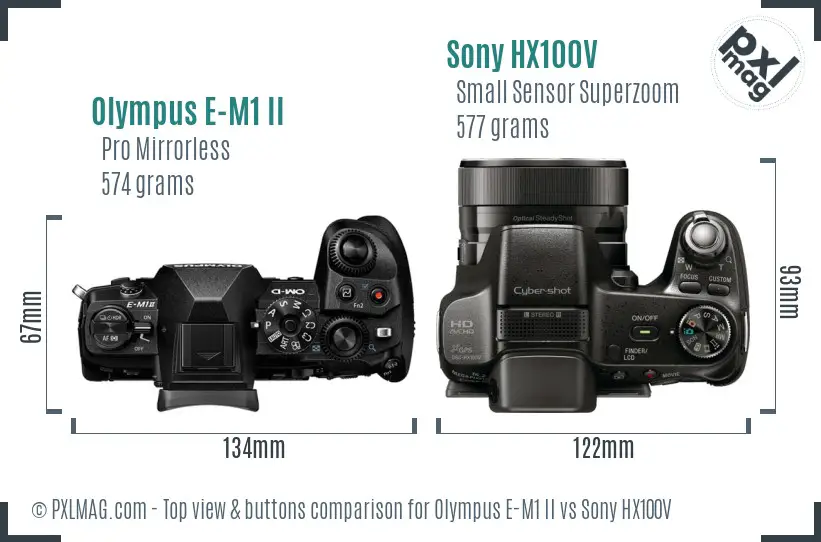 Olympus E-M1 II vs Sony HX100V top view buttons comparison