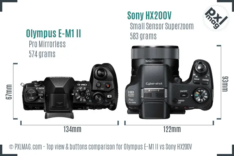 Olympus E-M1 II vs Sony HX200V top view buttons comparison
