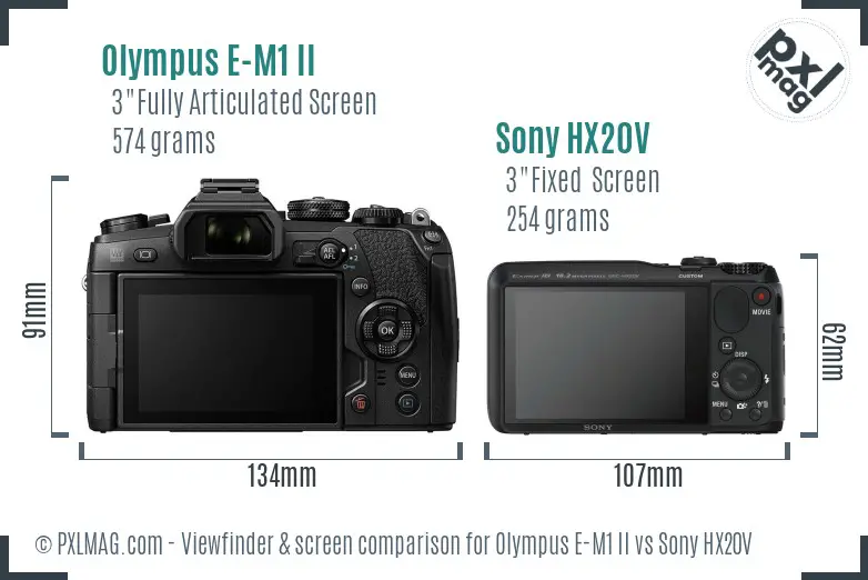 Olympus E-M1 II vs Sony HX20V Screen and Viewfinder comparison