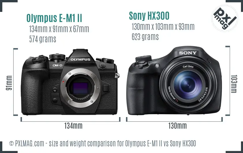Olympus E-M1 II vs Sony HX300 size comparison