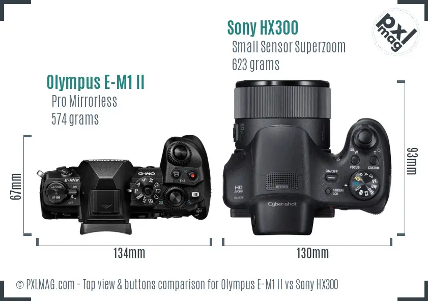 Olympus E-M1 II vs Sony HX300 top view buttons comparison